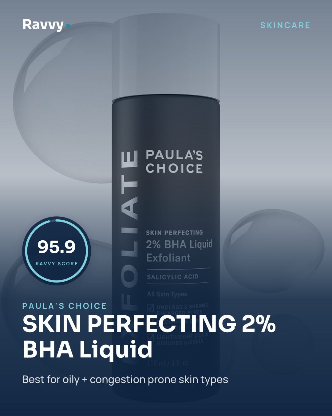 Ravvy Instagram card featuring SKIN PERFECTING 2% BHA Liquid
