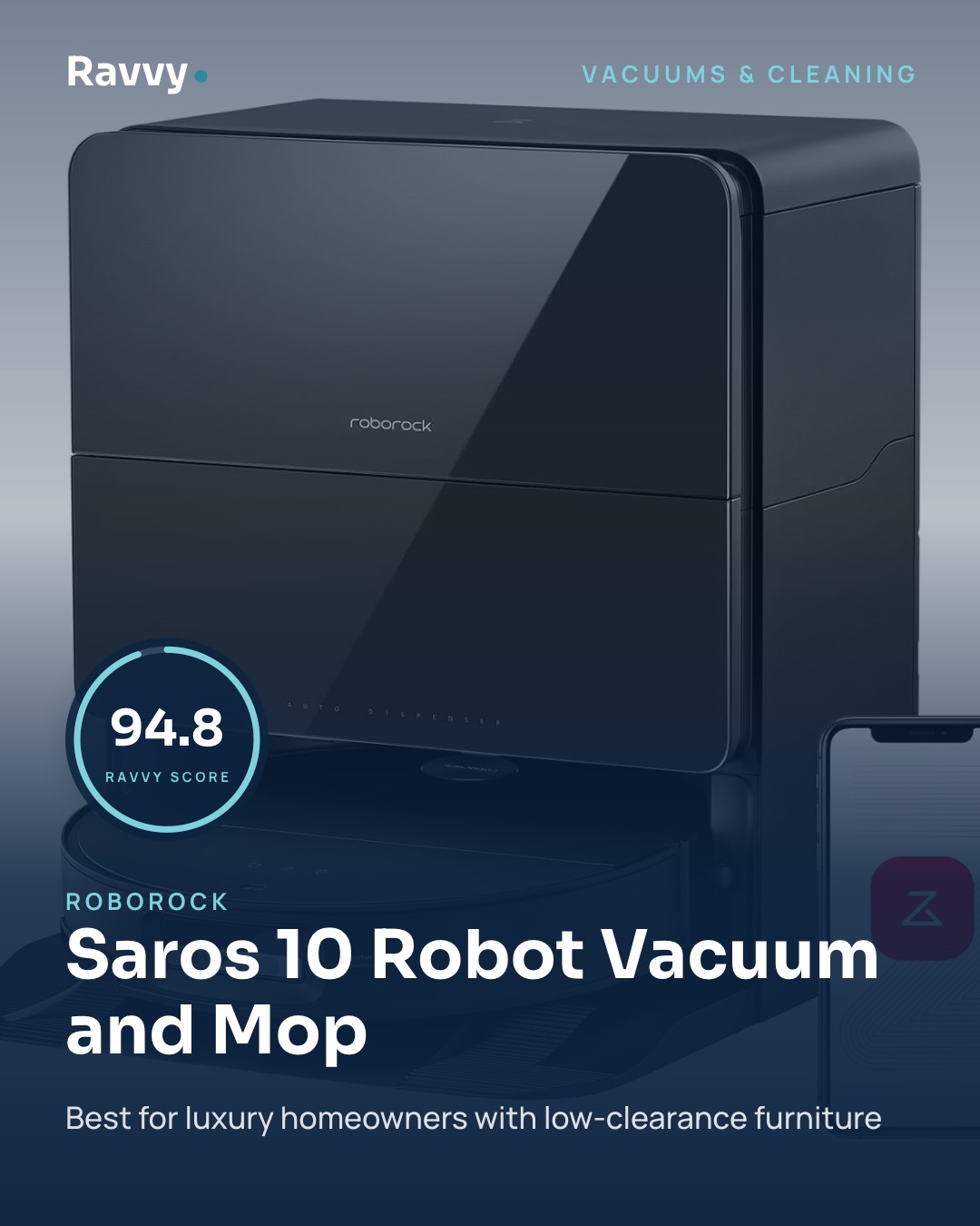 Ravvy Instagram card featuring Saros 10 Robot Vacuum and Mop